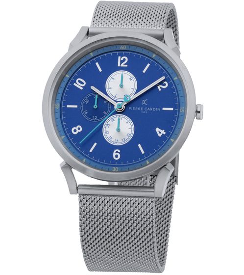 Orologio da uomo Pierre Cardin con quadrante multiplo e accenti colorati, orologio analogico al quarzo con bracciale in acciaio inossidabile 3ATM 44mm CPI.2064 Argento/Blu