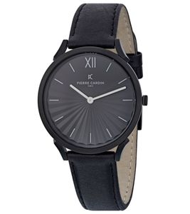 Pierre Cardin Damen Armband-Uhr schlichtes Ziffernblatt analoge Quarz-Uhr mit Leder-Armband 3ATM 40mm CPI.2006 Schwarz