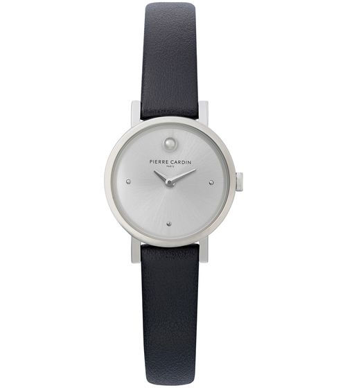 Reloj de pulsera de dos agujas para mujer Pierre Cardin con esfera con detalles en círculos plateados, reloj analógico de cuarzo con correa de piel 3ATM 27 mm CCM.0504 plata/negro