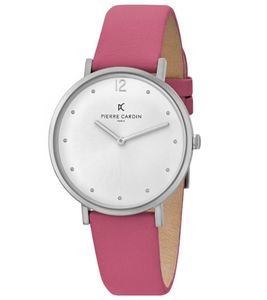 Pierre Cardin Damen schlichte Armband-Uhr analoge Quarz-Uhr mit Leder-Armband 3ATM 39mm CBV.1042 Rosa/Silber