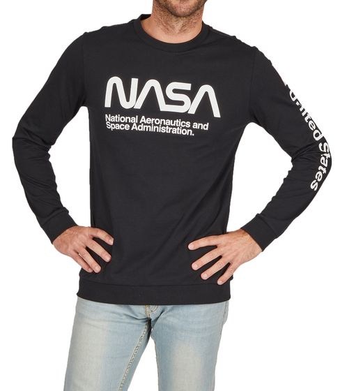 Camisa de manga larga con cuello redondo y estampado de texto de la NASA para hombre de COURSE X NASA, confeccionada en algodón 900811, color negro