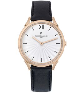 Pierre Cardin Damen Armband-Uhr schlichtes Ziffernblatt analoge Quarz-Uhr mit Leder-Armband 3ATM 40mm CPI.2003 Schwarz/Gold