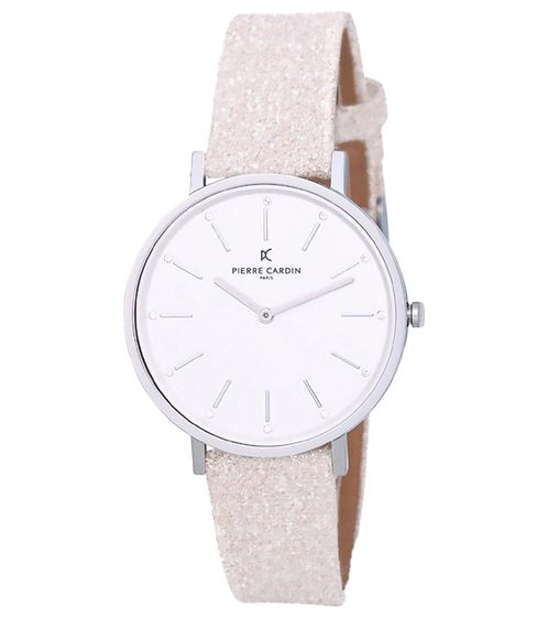 Pierre Cardin ladies watch simple dial analogue quartz watch glittering leather strap 3ATM 36mm CBV.1115 silver