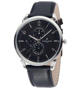 Reloj de hombre Pierre Cardin con esfera múltiple, analógico, de cuarzo, con correa de piel, 3 ATM, 44 mm, CPI.2023, negro/plata