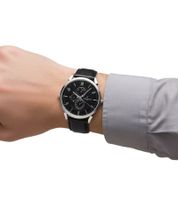 Pierre Cardin Herren Armband-Uhr mit Multi-Ziffernblatt analoge Quarz-Uhr mit Leder-Armband 3ATM 44mm CPI.2023 Schwarz/Silber