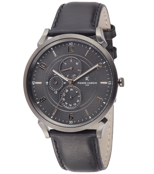 Pierre Cardin men's wristwatch with multi-dial analog quartz watch with leather strap 3ATM 44mm CPI.2024 Black/Silver