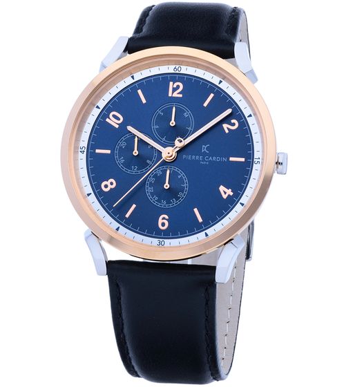 Pierre Cardin men's wristwatch with colored multi-dial analog quartz watch with leather strap 3ATM 44mm CPI.2063 black/silver/blue/rose gold