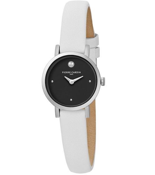 Pierre Cardin ladies two-hand wristwatch dial with silver circle details analogue quartz watch with leather strap 3ATM 27mm CCM.0505 white/black/silver