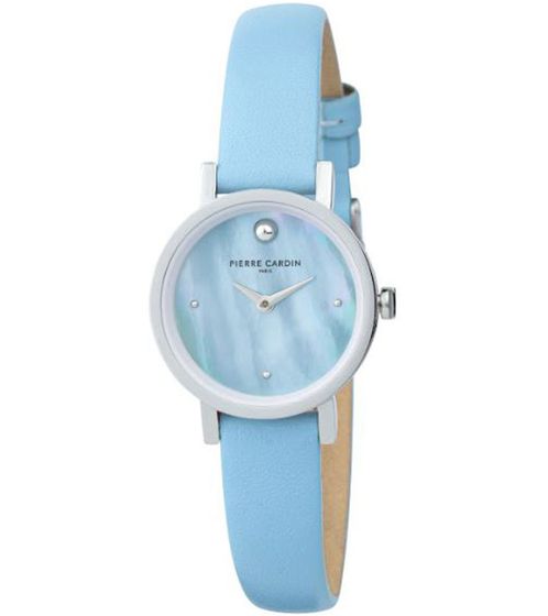 Montre-bracelet d'été à deux aiguilles pour femme Pierre Cardin avec cadran et détails de cercles argentés Montre à quartz analogique avec bracelet en cuir 3ATM 27 mm CCM.0521 Bleu/Argent