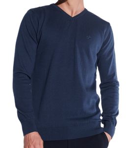 steffen klein Herren Strick-Pullover Feinstrick-Pulli aus reiner Baumwolle mit V-Ausschnitt 4318 Indigo-Blau