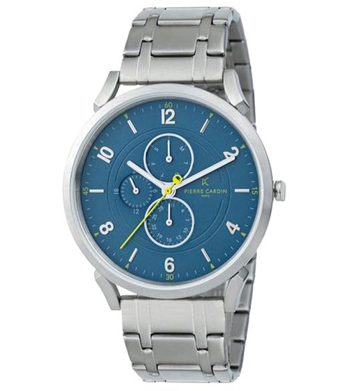 Montre homme Pierre Cardin avec cadrans multiples et accents de couleur montre à quartz analogique avec bracelet en acier inoxydable 3ATM 44mm CPI.2064 Argent/Bleu