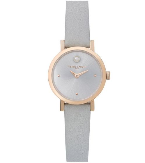 Pierre Cardin ladies two-hand wristwatch dial with silver circle details analogue quartz watch with leather strap 3ATM 27mm CCM.0506 grey/rose gold