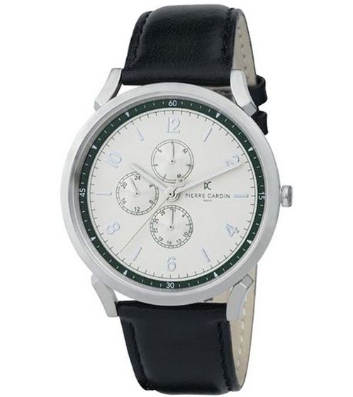 Montre Homme Pierre Cardin avec Multi-Cadran Montre Quartz Analogique avec Bracelet Cuir 3ATM 44mm CPI.2062 Noir/Argent/Vert