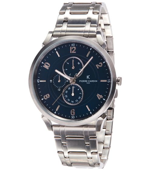 Reloj de hombre Pierre Cardin con esfera múltiple, analógico, de cuarzo, con brazalete de acero inoxidable, 3 ATM, 44 mm, CPI.2026, plateado/azul