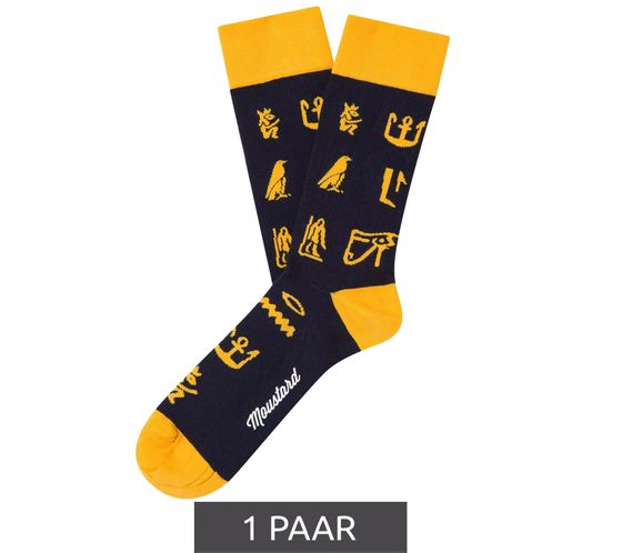 1 paire de chaussettes en coton Moustard Hiéroglyphes avec motifs hiéroglyphes égyptiens bas longs 20S-HIERO Jaune/Noir