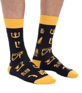 1 pair of Moustard Hieroglyphs cotton socks with Egyptian hieroglyphs patterned long socks 20S-HIERO yellow/black