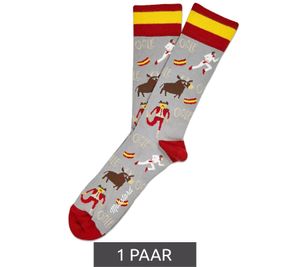 1 paire de chaussettes en coton Moustard San Fermin avec symboles taurins et drapeau espagnol sur la ceinture bas longs à motifs 17SSFER Gris/Rouge/Jaune