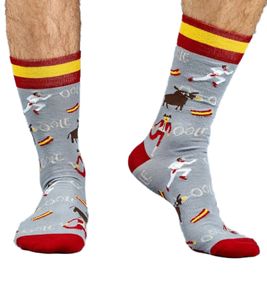 1 pair of Moustard San Fermin cotton socks with bullfighting symbols and Spanish flag on the waistband, patterned long socks 17SSFER gray/red/yellow