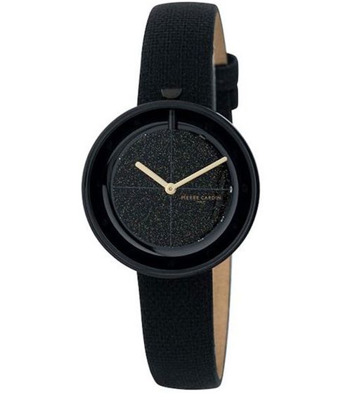 Montre femme Pierre Cardin avec paillettes dans le cadran montre à quartz analogique avec bracelet en cuir 3ATM 32mm CMA.0011 Noir/Or