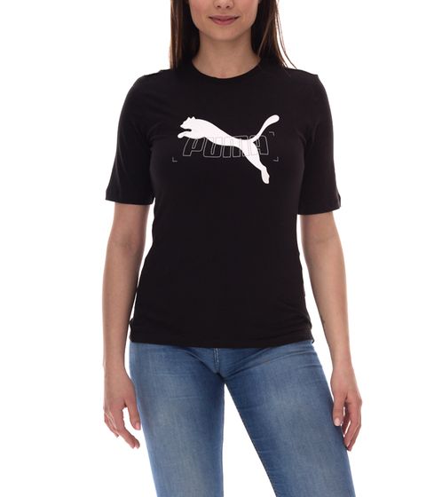 PUMA Damen Baumwoll-Shirt mit PUMA-Logo Kurzarm-Shirt Rundhals-Shirt 583546 01 Schwarz/Weiß