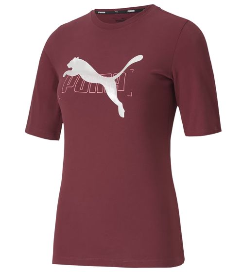 PUMA Damen Baumwoll-Shirt mit PUMA-Logo Kurzarm-Shirt Rundhals-Shirt 583546 18 Dunkelrot/Weiß