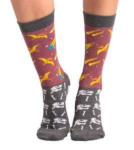 1 pair of Moustard Extinction cotton socks with comets and dinosaurs patterned long socks 18S-EXT gray/pink/colorful
