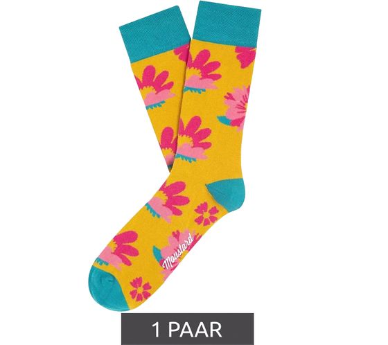 1 par de calcetines de algodón con estampado floral de flores de lirio amarillo Mustard Witty, medias largas, color turquesa/naranja/rosa, 19S-YFLOW