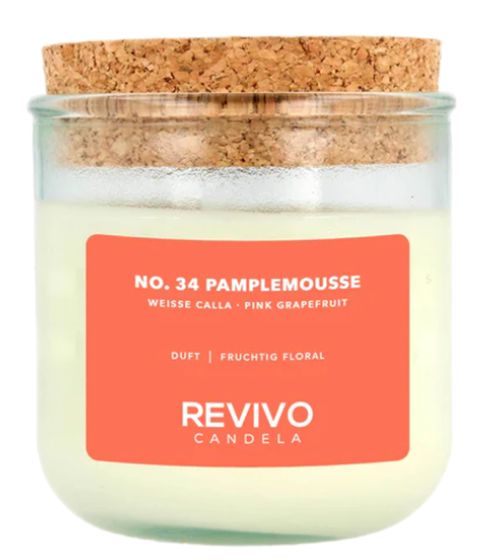 REVIVO CANDELA NO. 34 PAMPLEMOUSSE sustainable scented candles made from rapeseed wax glass candle with cork lid home decoration white/brown