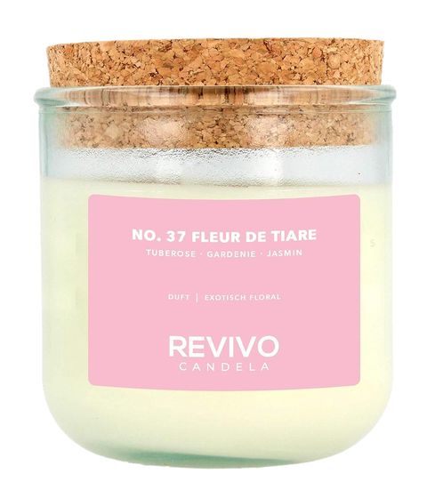 REVIVO CANDELA N° 37 FLEUR DE TIARE bougies parfumées durables en cire de colza bougie en verre avec couvercle en liège décoration d'intérieur blanc/marron