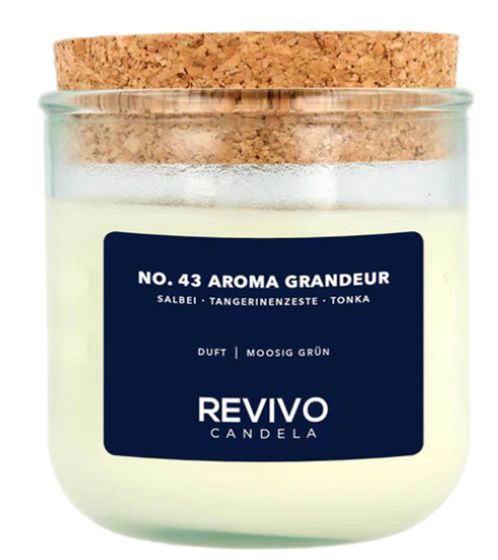 REVIVO CANDELA NO. 43 AROMA GRANDEUR sustainable scented candles made from rapeseed wax glass candle with cork lid home decoration white/brown