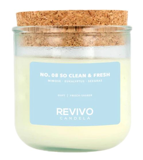 REVIVO CANDELA NO. 08 SO CLEAN & FRESH sustainable scented candles made from rapeseed wax glass candle with cork lid home decoration white/brown