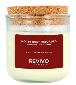 REVIVO CANDELA NO. 35 OUDH RELOADED sustainable scented candles made from rapeseed wax glass candle with cork lid home decoration white/brown