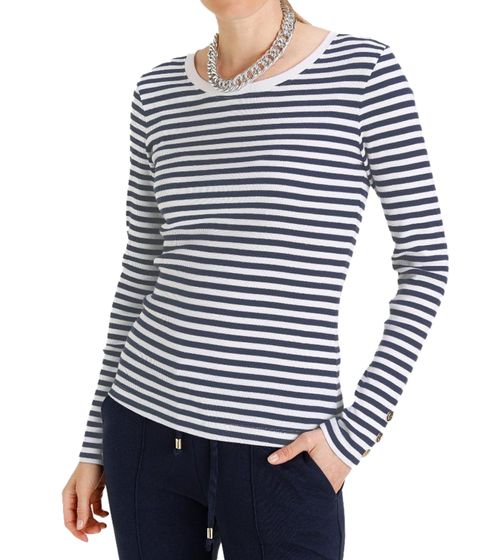 DELMAO Damen Sweatshirt gestreiftes Baumwoll-Longsleeve Langarm-Shirt 21530737 Weiß/Navy