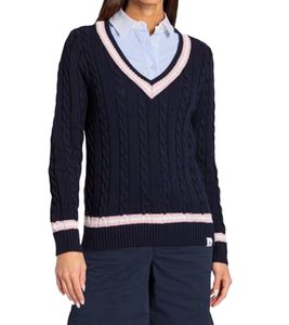 Pull brodé pour femme DELMAO au look universitaire avec motif tressé Pull à manches longues 83005351 bleu foncé