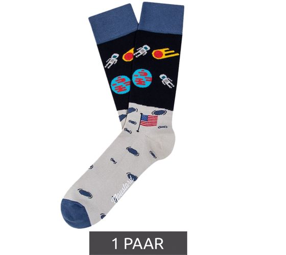 1 par de calcetines de algodón para hombre con estampado de astronauta del alunizaje en color mostaza y estampado espacial, 17S-MOON, azul claro/gris