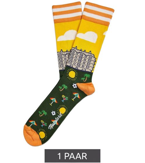 1 pares de calcetines de algodón para hombre Moustard Barcelona con estampado integral del skyline de Barcelona, ​​calcetines largos de rayas y estampados 17S-BCN Verde/Naranja/Amarillo