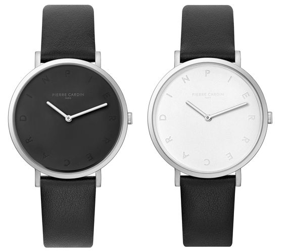 Montre femme Pierre Cardin avec lettres de la marque en chiffres montre à quartz analogique avec bracelet en cuir 3ATM 39mm CBV.100 Noir/Blanc/Argent ou Noir/Argent