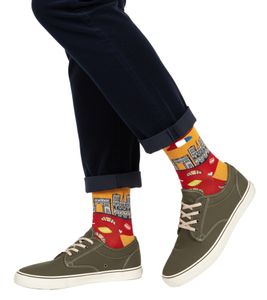 1 Paar Moustard Paris Herren Baumwoll-Socken mit Skyline von Paris Allover-Print gestreifte und gemusterte lange Strümpfe 17S-PARIS Rot/Gelb/Weiß