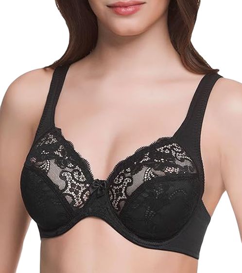 susa women's underwire bra feminine lace underwear with cotton content transparent bra with bow detail 7589 black