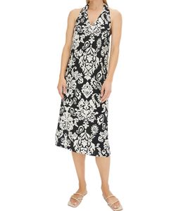 leichtes Damen Sommer-Kleid Neckholder-Kleid mit Paisley-Print schulterfreies Midi-Kleid 915503 Weiß/Schwarz