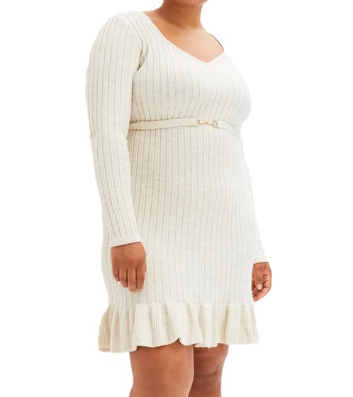 Robe mini en tricot pour femme avec volant et boucle décorative, robe à manches longues 924580 crème chiné