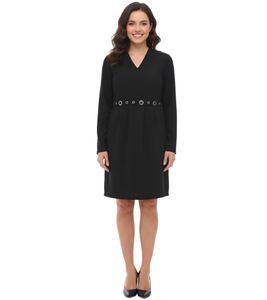 Robe fourreau élégante pour femme, robe d'affaires avec bordure à œillets, robe d'été, robe à manches longues 951072 Noir