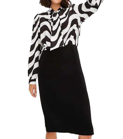 Robe midi élégante pour femme, robe d'affaires avec nœud, robe d'été, robe à manches longues 940989 noir/blanc