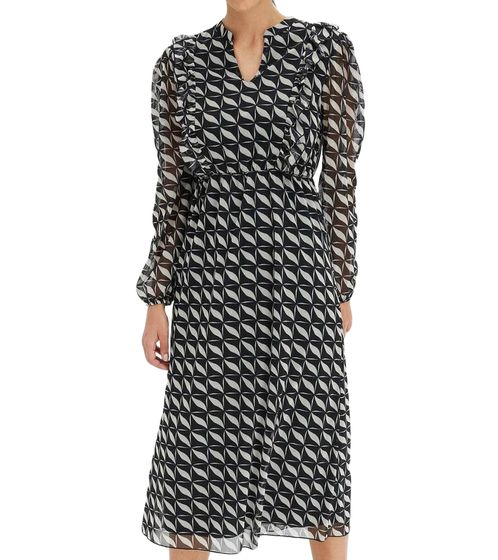 Robe trapèze en mousseline de soie pour femme à motif géométrique, belle robe d'été, robe midi légère de printemps avec col en V 958063 Noir/Crème