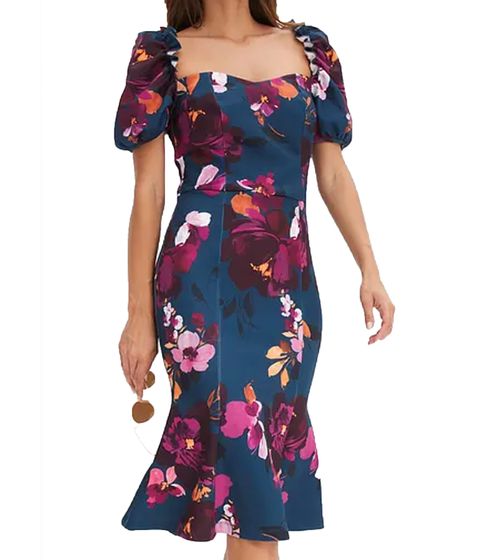 Women's Summer Dress with All-Over Floral Print, Mini Dress with Puff Sleeves, Mermaid Dress 916656 Blue/Multicolored