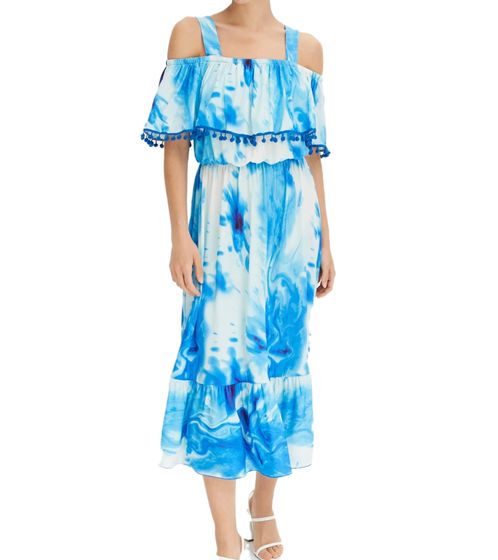 Damen Sommer-Kleid Jersey-Kleid im Allover-Batik Design mit Bommeln und Volant 925122 Blau