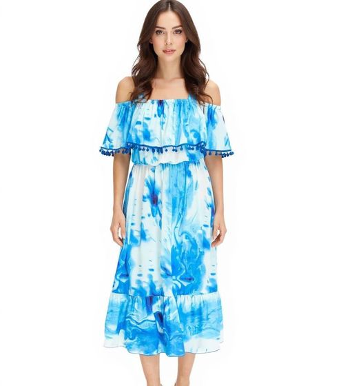 Damen Sommer-Kleid Jersey-Kleid im Allover-Batik Design mit Bommeln und Volant 925122 Blau