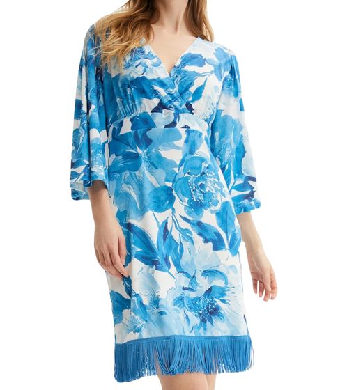 Sommer-Kleid für Damen mit Blumen-Print schönes Mini-Kleid mit Fransen luftiges Freizeit-Kleid mit 3/4-Ärmeln 939288 Blau/Weiß