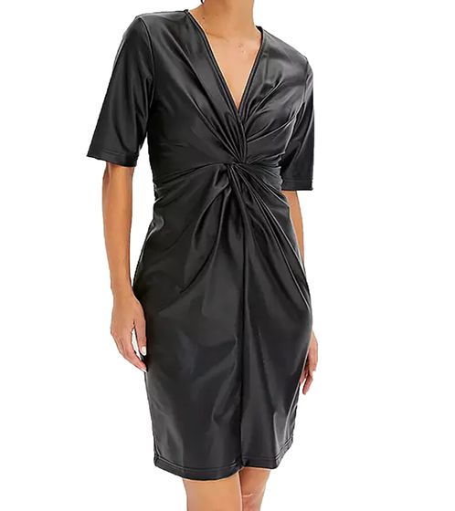 Vestido de verano para mujer, de piel sintética con nudo, minivestido, manga corta, 923740, negro