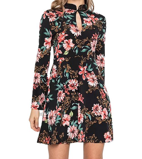 Mini-robe femme durable, robe d'été à imprimé floral et manches trompette, robe décontractée 961673 Noir/Multicolore